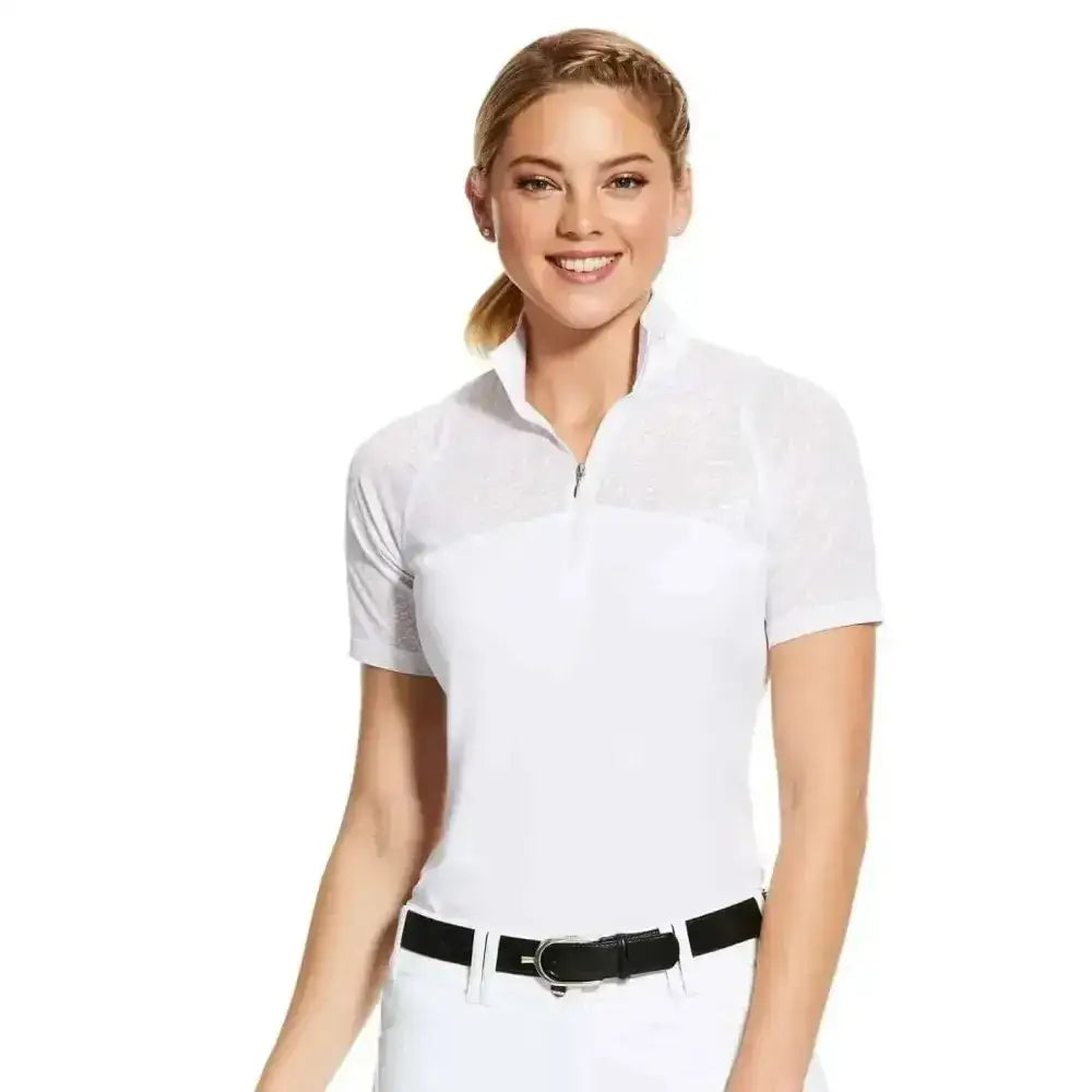 Ariar womens airway zip short white polo shirt with zipper collar and subtle texture for show use
