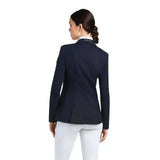 Navy blue ariat womens galatea show jacket with white collar and subtle brand embroidery perfect for riding