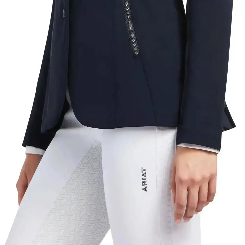 White ariat womens galatea equestrian pants with subtle geometric texture and embroidered brand name on the side