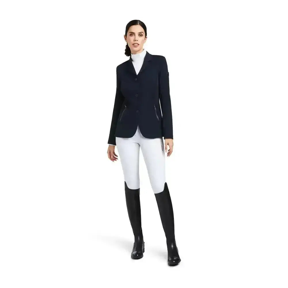 Navy blue ariat womens galatea show jacket with black trim and three front buttons perfect for riding events