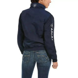 Navy blue ariat womens stable jacket back view with white logo perfect yard coat and wind resistant jacket features