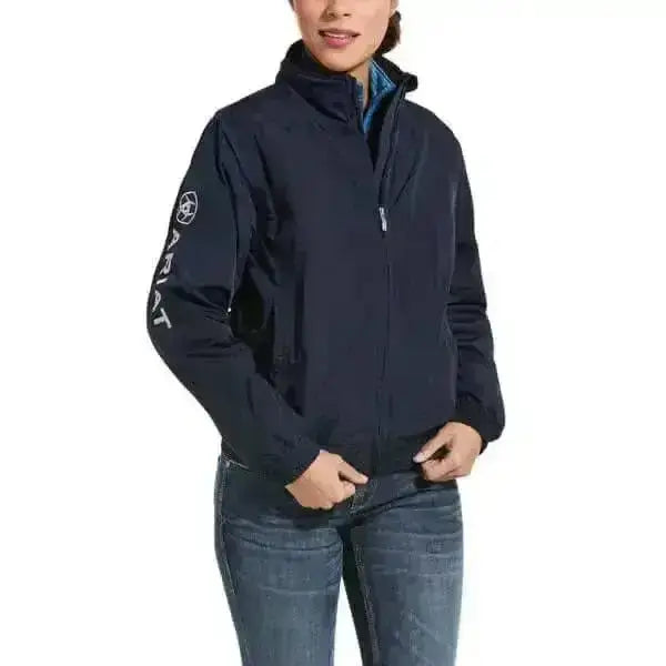 Navy blue ariat womens stable jacket with white logo on left sleeve perfect yard coat and wind resistant jacket