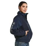 Navy blue ariat womens stable jacket with white logo on sleeve and zipper detail perfect yard coat wind resistant jacket