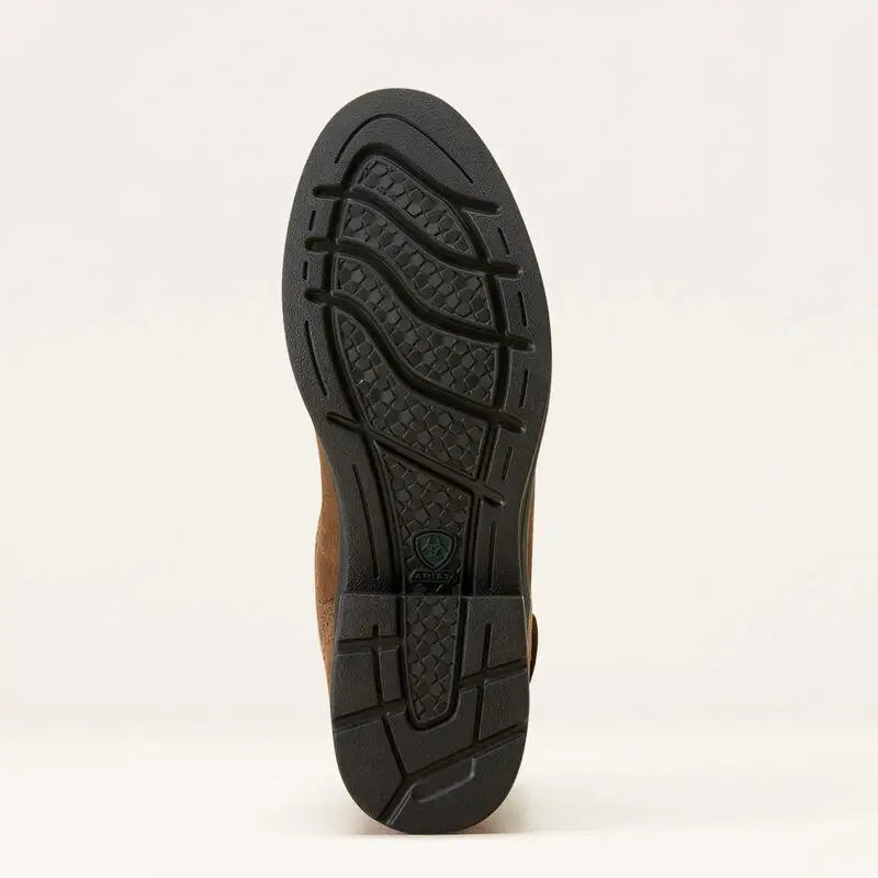 Brown leather ariat wythburn waterproof insulated work boot with black rubber sole and 4lr technology tread pattern