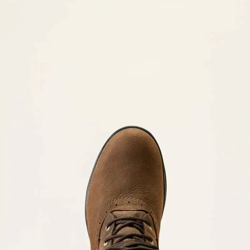 Brown suede ariat wythburn waterproof insulated boot with dark laces black rubber sole and 4lr technology