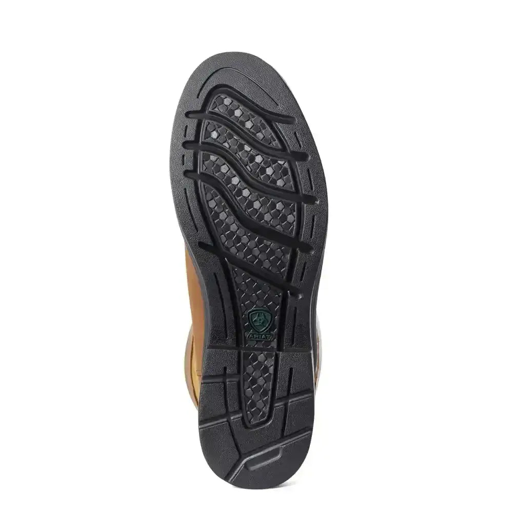 Back view of ariat wythburn waterproof boot showing black rubber sole with wavy tread and tan leather heel for fashion-forward country styling