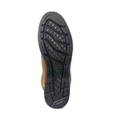 Back view of ariat wythburn waterproof boot showing black rubber sole with wavy tread and tan leather heel for fashion-forward country styling