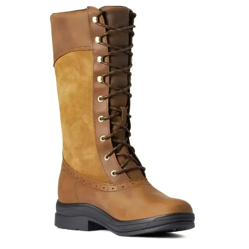 Tan and brown leather ariat wythburn waterproof lace-up riding boot with black rubber sole and fashion-forward country styling