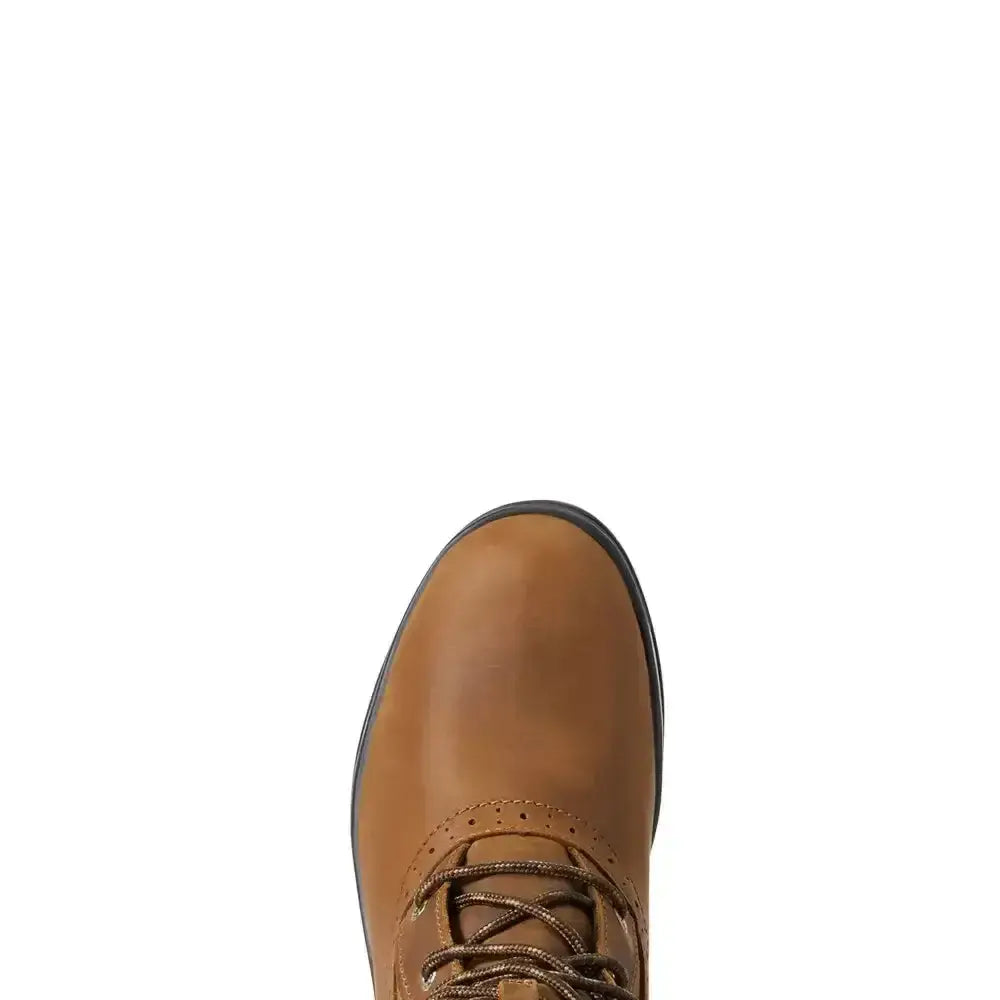 Tan leather lace-up ariat wythburn waterproof boot with black rubber sole and fashion-forward country styling