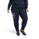 Navy blue ariat jogger sweatpants with shield logo in red white and navy on left thigh perfect for casual wear