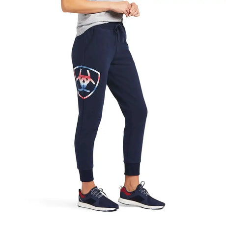 Navy blue real ariat jogger sweat pants with shield logo on left thigh perfect for casual wear