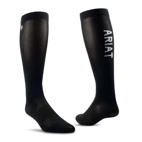 Black ariattek essential performance knee-high socks with textured knit and white branding for riding socks