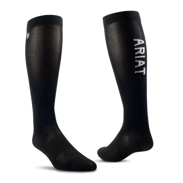 Black ariattek essential performance knee-high socks with textured knit and white branding for riding socks
