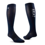 Black ariattek essential performance knee-high socks with white branding and ribbed texture for riding use