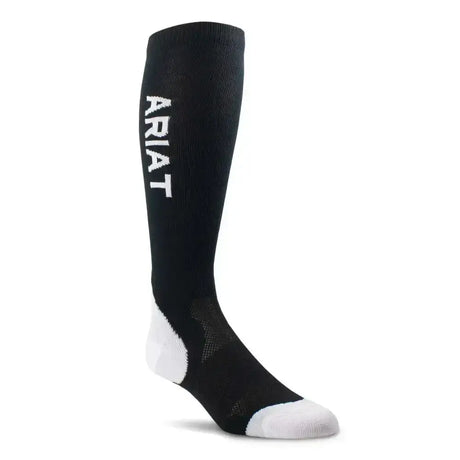 Black ariattek performance knee-high sock with white toe heel accents and bold vertical logo for slimline performance