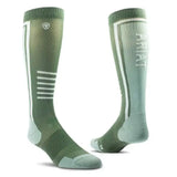 Olive green and light gray ariattek slimline performance riding socks with white stripes and ariat logo on the side