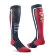 Red and navy blue ariattek slimline performance socks with white stripes and bold ariat branding perfect for team use