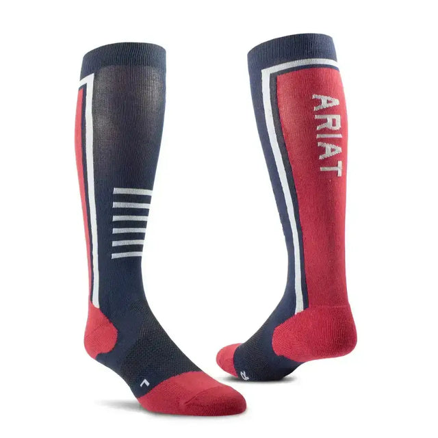 Red and navy blue ariattek slimline performance socks with white stripes and bold ariat branding perfect for team use