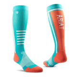 Ariat ariattek slimline performance riding socks in teal and orange with white stripes and textured knit fabric for support