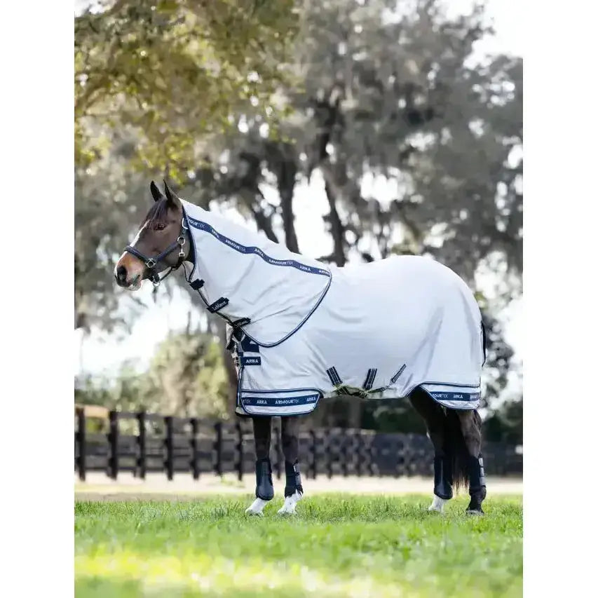 White horse fly rug grey with navy trim and branding designed for equestrian use by arika armour-tek