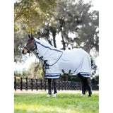 White horse fly rug grey with navy trim and branding designed for equestrian use by arika armour-tek