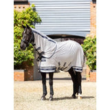 White horse fly veil with black trim and arika branding with adjustable straps for secure fit on fly rug grey