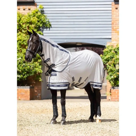White horse fly rug grey with black trim and arika branding featuring adjustable straps for secure fit