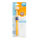 Yellow and blue arm & hammer fresh 360 degree toothbrush for puppies with coconut oil-based formula for long lasting clean