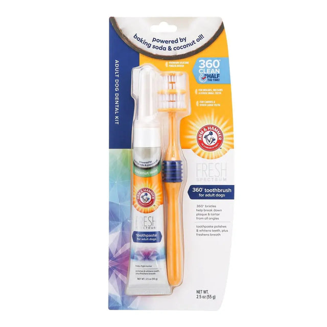 Arm & hammer fresh coconut dental kit with orange coconut oil-based toothpaste and 360° toothbrush for adult dogs
