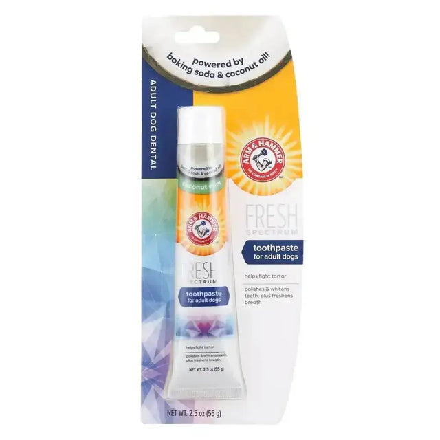 Arm & hammer fresh coconut mint toothpaste for adult dogs in a clear tube with white cap powered by baking soda and coconut oil