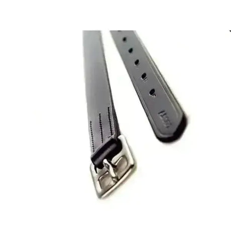 Black leather ascot adult stirrup leathers 52 inch with silver buckle and stitched detailing