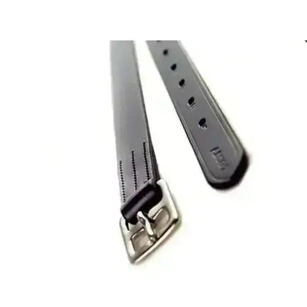 Black leather ascot adult stirrup leathers 52 inch with silver buckle and stitched detailing
