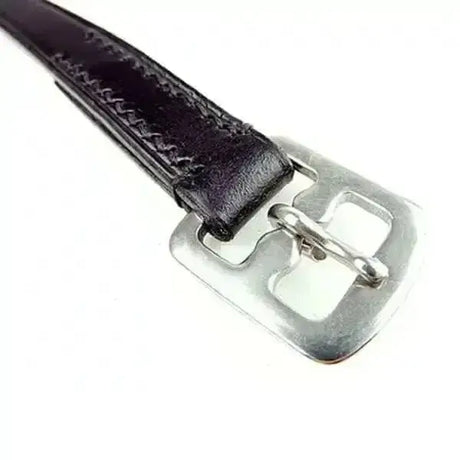 Black leather children’s stirrup leathers 38inch with silver rectangular buckle and stitched edges from ascot