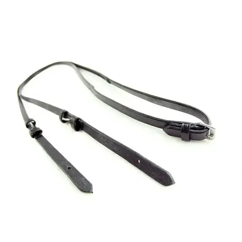 Black leather dressage reins strap with silver buckle and adjustment holes from ascot leather dressage collection