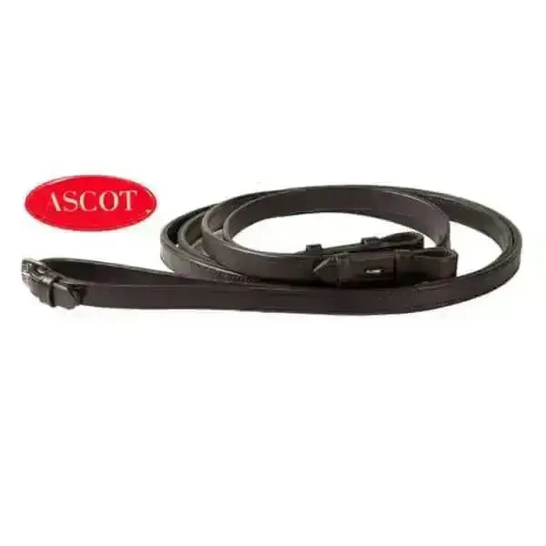 Black plain leather reins with stainless steel fittings reinforced stitching and a sturdy metal buckle