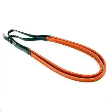 Orange woven ascot pony race reins with black reinforced ends and metal clasp for secure pony race grip