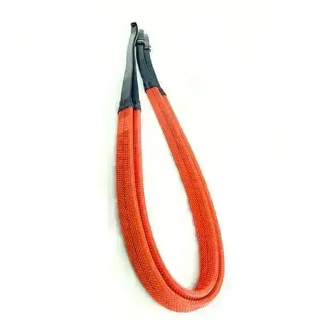 Orange braided race rubber reins with black reinforced ends and stainless steel buckle for national hunt use