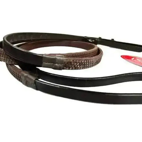 Black leather ascot rubber grip leather reins with textured studded grip leather section near the handle