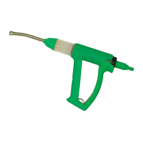 Green plastic-handled attacker drench pour-on gun with clear barrel, metallic needle, and dial-a-dose selector for vets