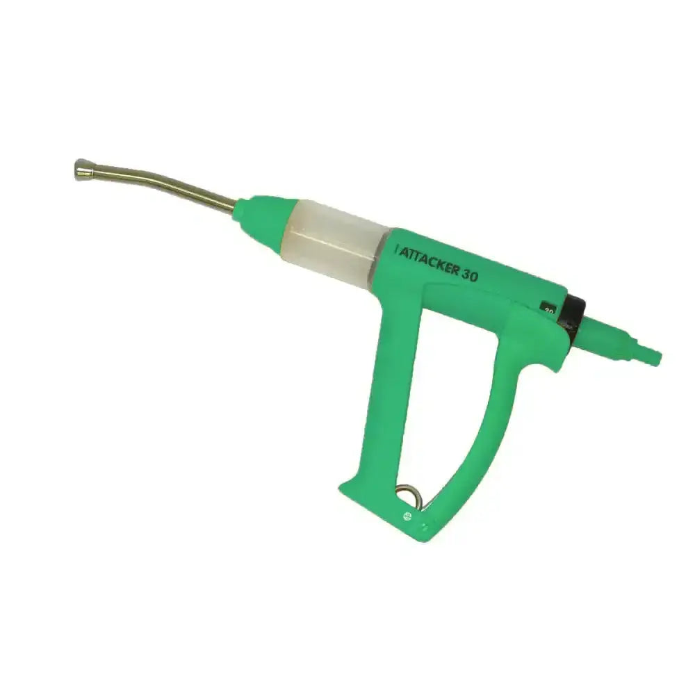 Green plastic-handled attacker drench pour-on gun with clear reservoir metal nozzle and dial-a-dose selector for easy dosing