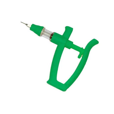 Green plastic autoject injector with clear barrel metal needle and comfortable v-grip design for vet use