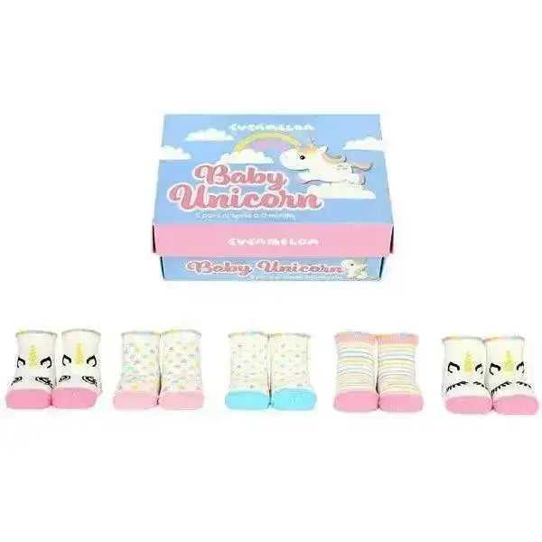 A set of five pairs of soft pastel baby unicorn socks gift box featuring adorable cartoon unicorns with rainbow manes