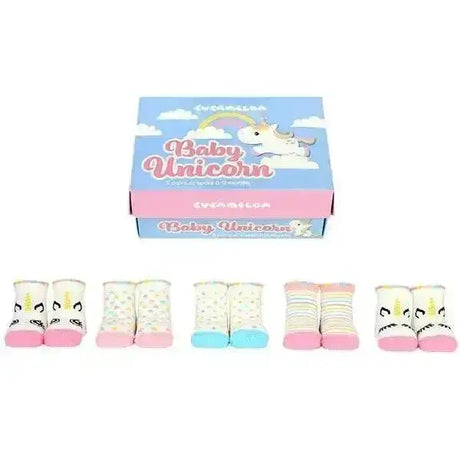 A set of five pairs of soft pastel baby unicorn socks gift box featuring adorable cartoon unicorns with rainbow manes