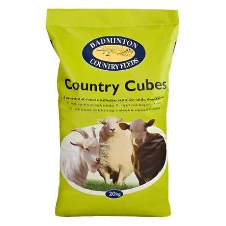 Bright green bag of badminton country cubes 20kg concentrated all-round ration for cattle sheep and goats
