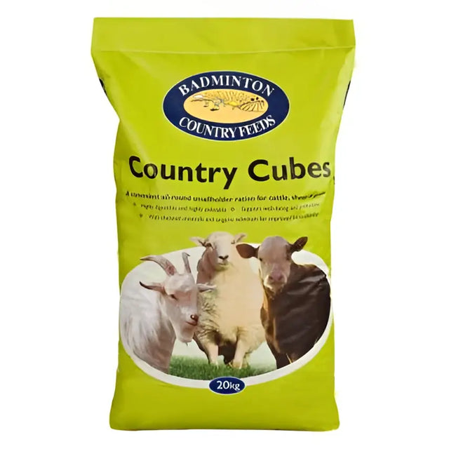 Bright green bag of badminton country cubes 20kg concentrated all-round ration for cattle sheep and goats