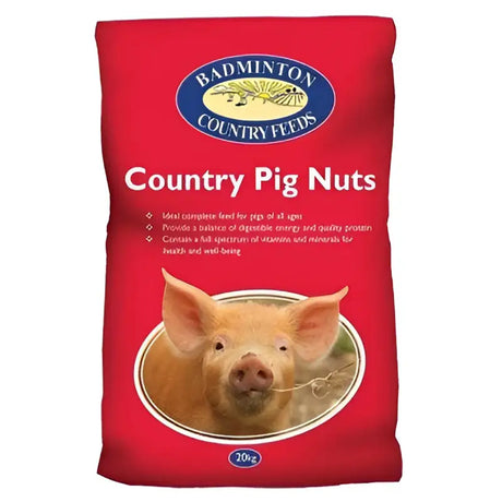Red bag of badminton country pig fully balanced country pig nuts 20 kg with pig logo and white text on front