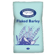 A light blue bag of badminton flaked barley 15 kg with a navy logo and wheat stalks illustration