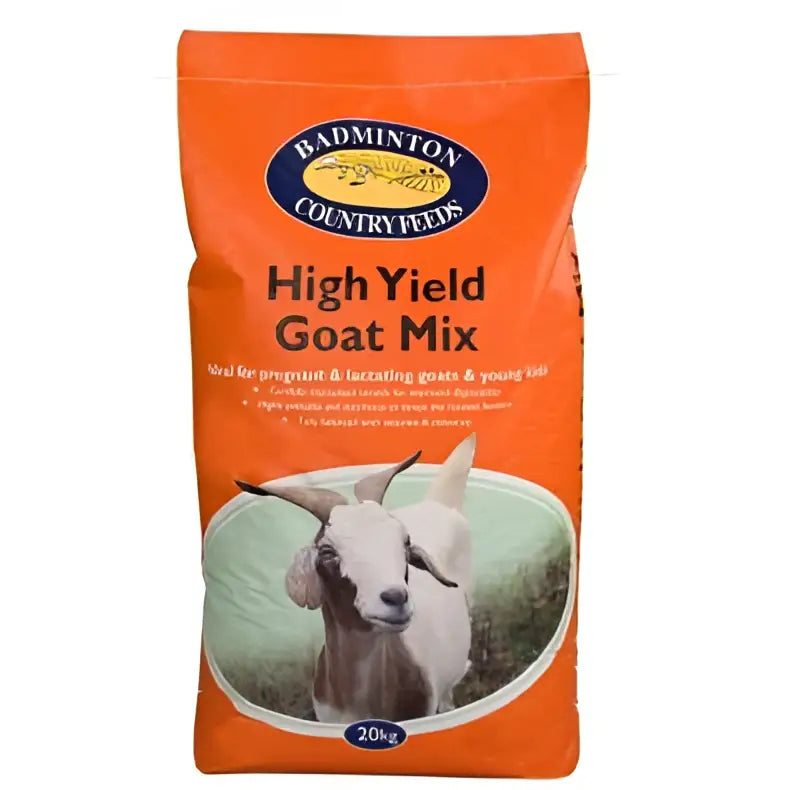 Orange bag of badminton high yield goat mix with white goat illustration labeled 20kg for high yield goat feed