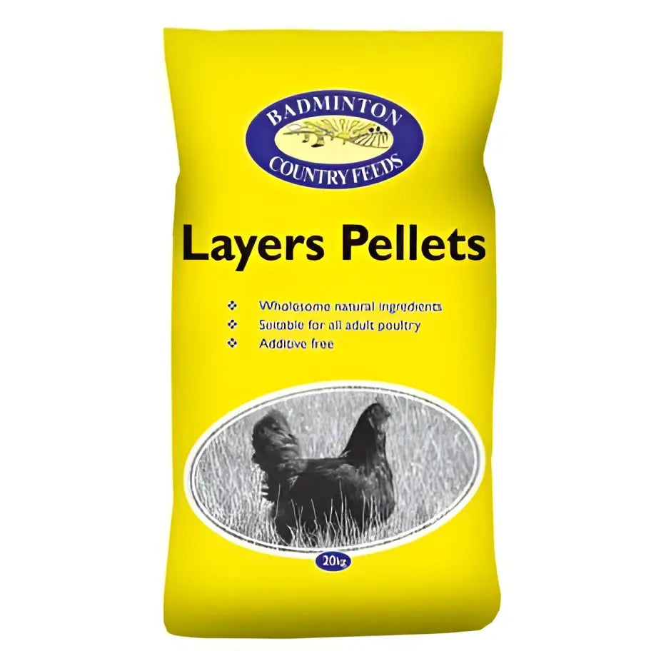 Bright yellow bag of badminton layers pellets 20 kg with black and white chicken image for poultry feed