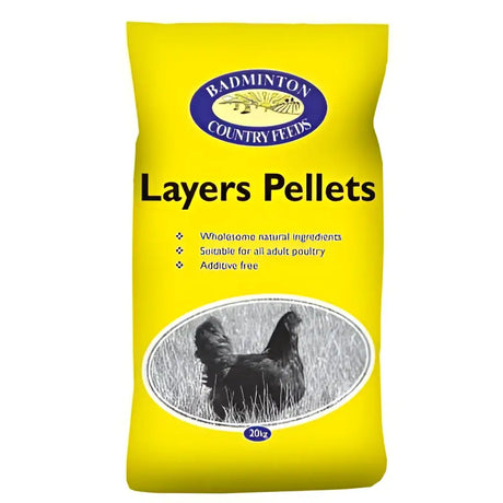 Bright yellow bag of badminton layers pellets 20 kg with black and white chicken image for poultry feed